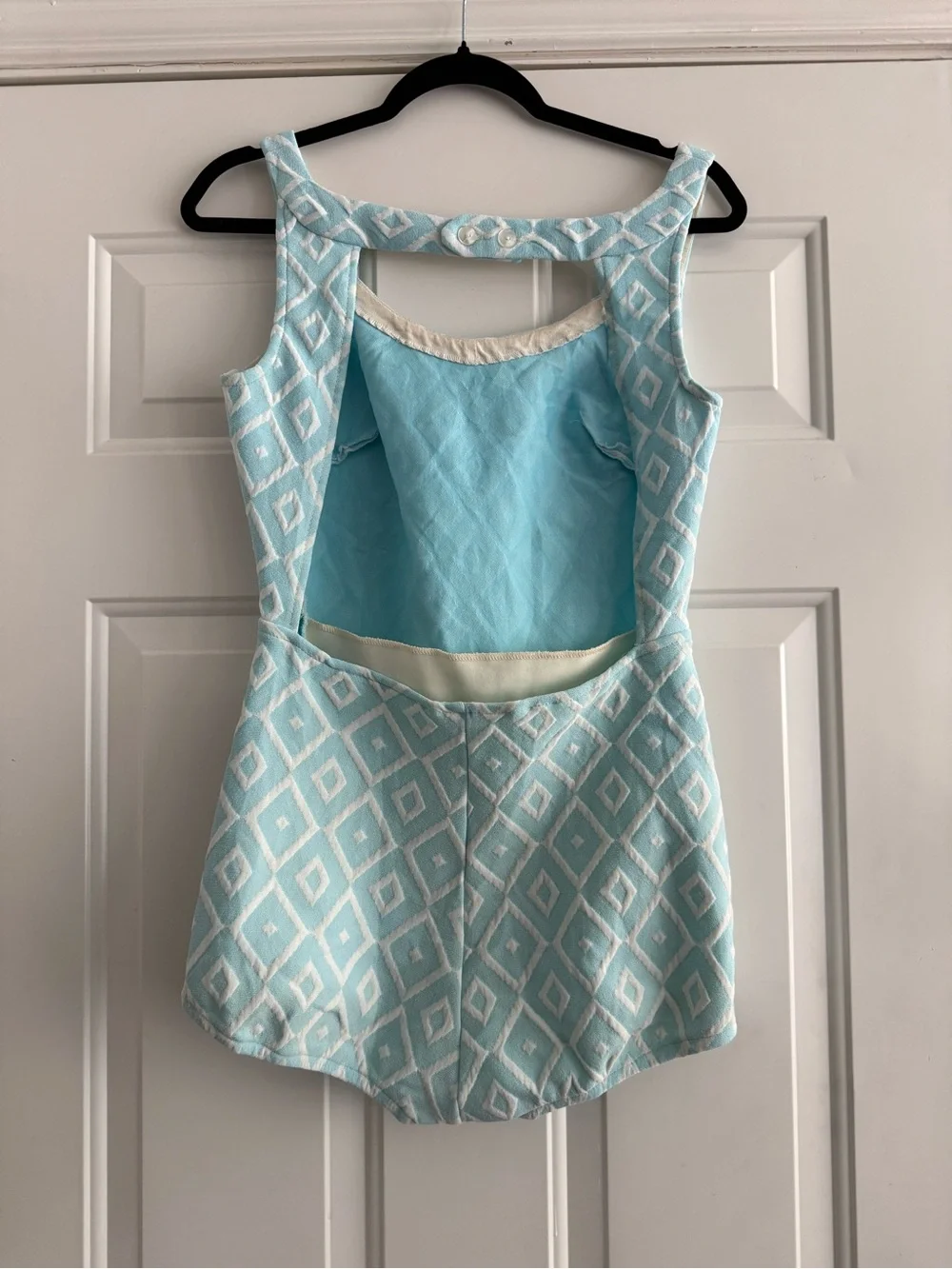 Vintage 1960s white and light blue diamond patterned one piece swimsuit